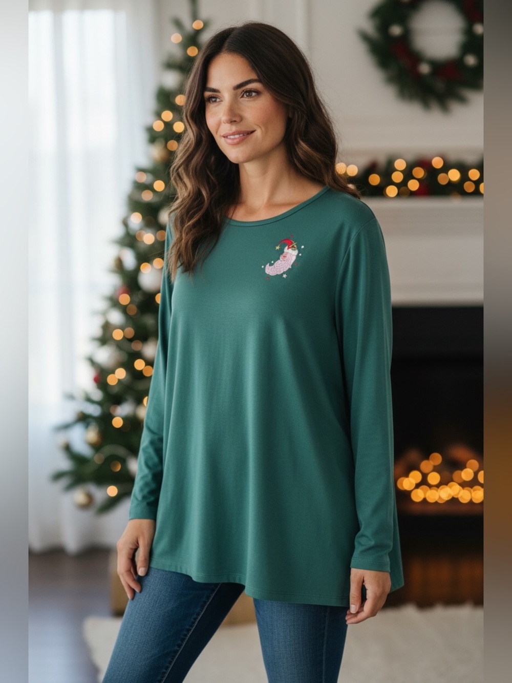 Quacker Factory Teal Green Long-Sleeve Top with Embroidered Santa - Picture 2 of 2